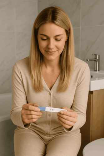 Vrouw met positieve zwangerschaptest