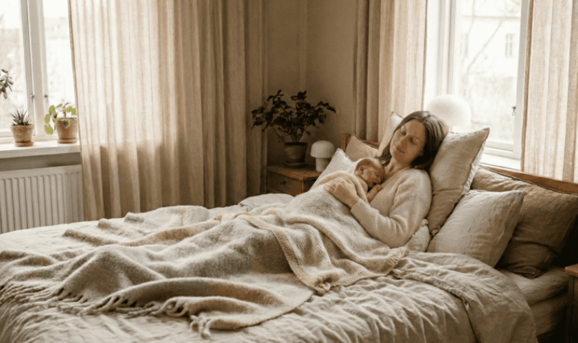 Baby huid op huid bij moeder