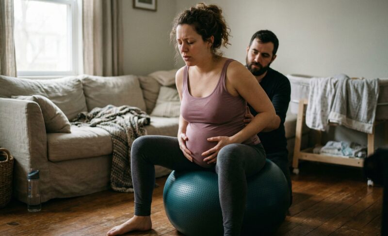 vrouw bevalbal met partner