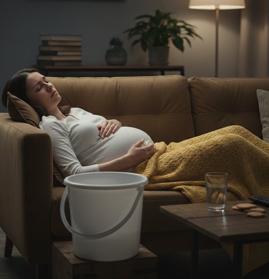 vrouw misselijk op de bank