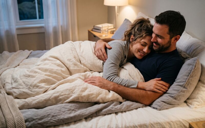 stel knuffelen in bed